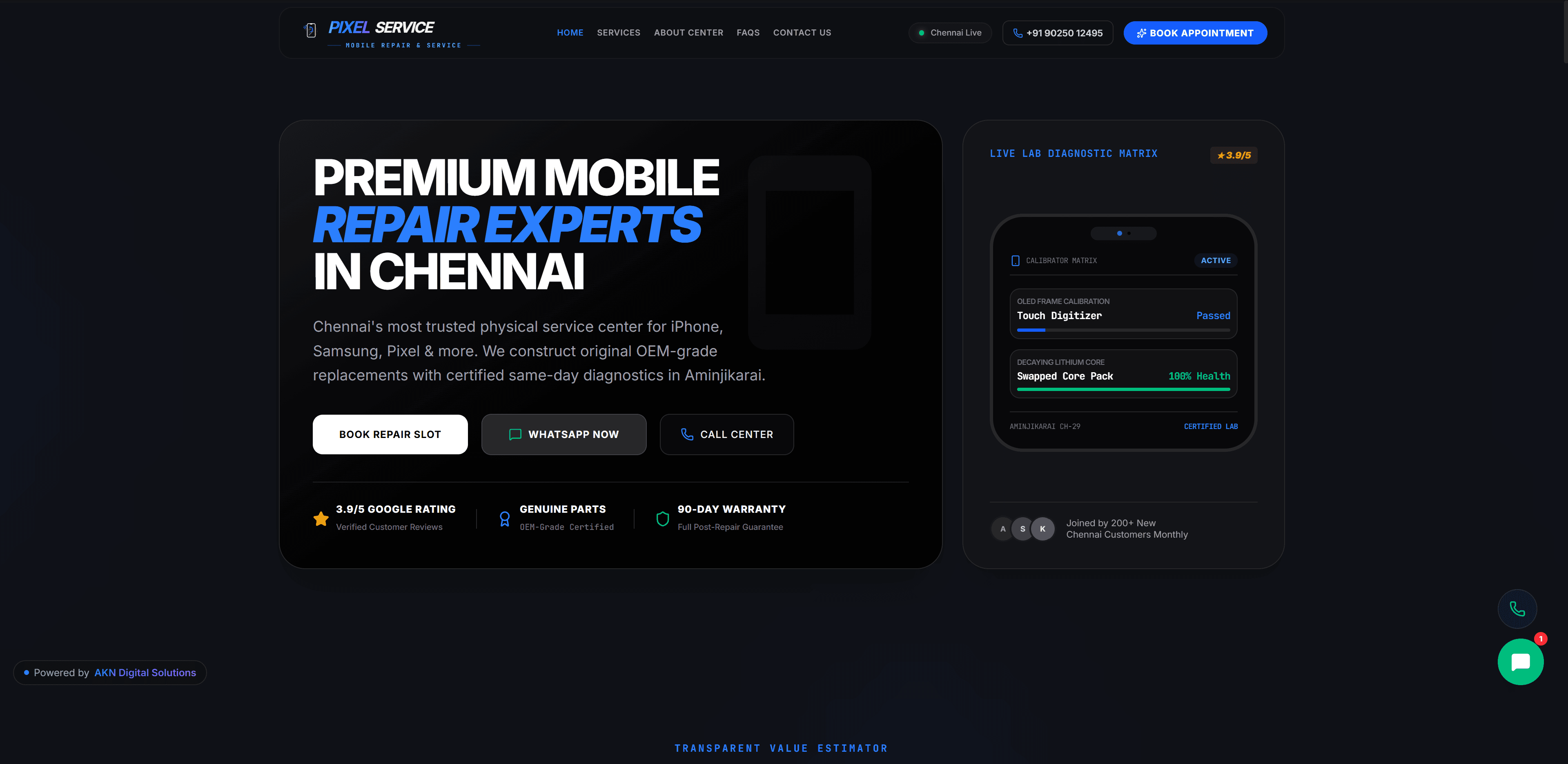 Pixel Service Center homepage screenshot — a premium mobile repair website designed and developed by Aspire Kinetic Network
