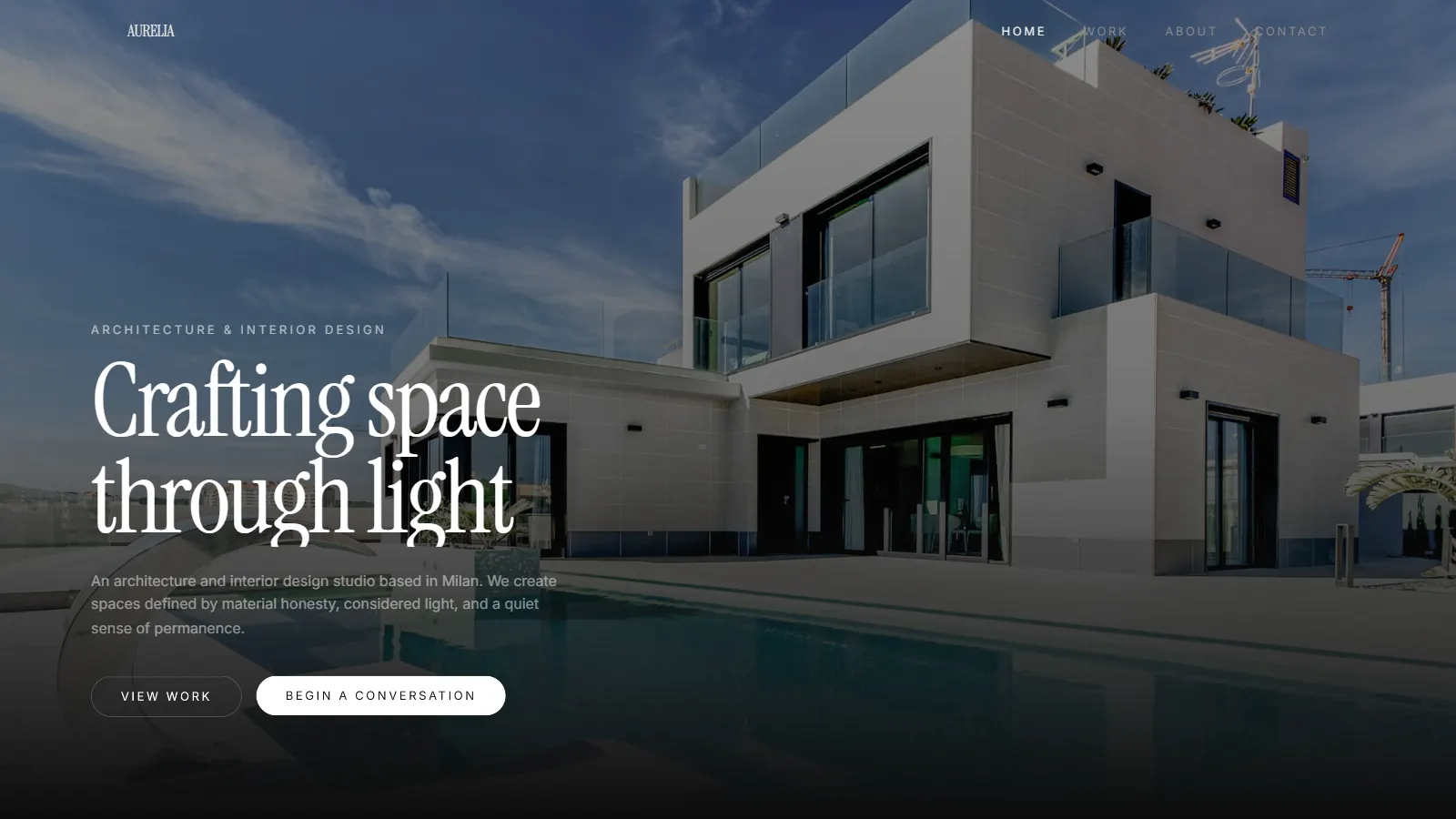 AURELIA Atelier homepage screenshot, a luxury architecture and interior design website created by Aspire Kinetic Network