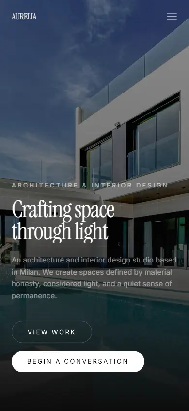 AURELIA Atelier at 390 pixels wide, the opening spread on a phone