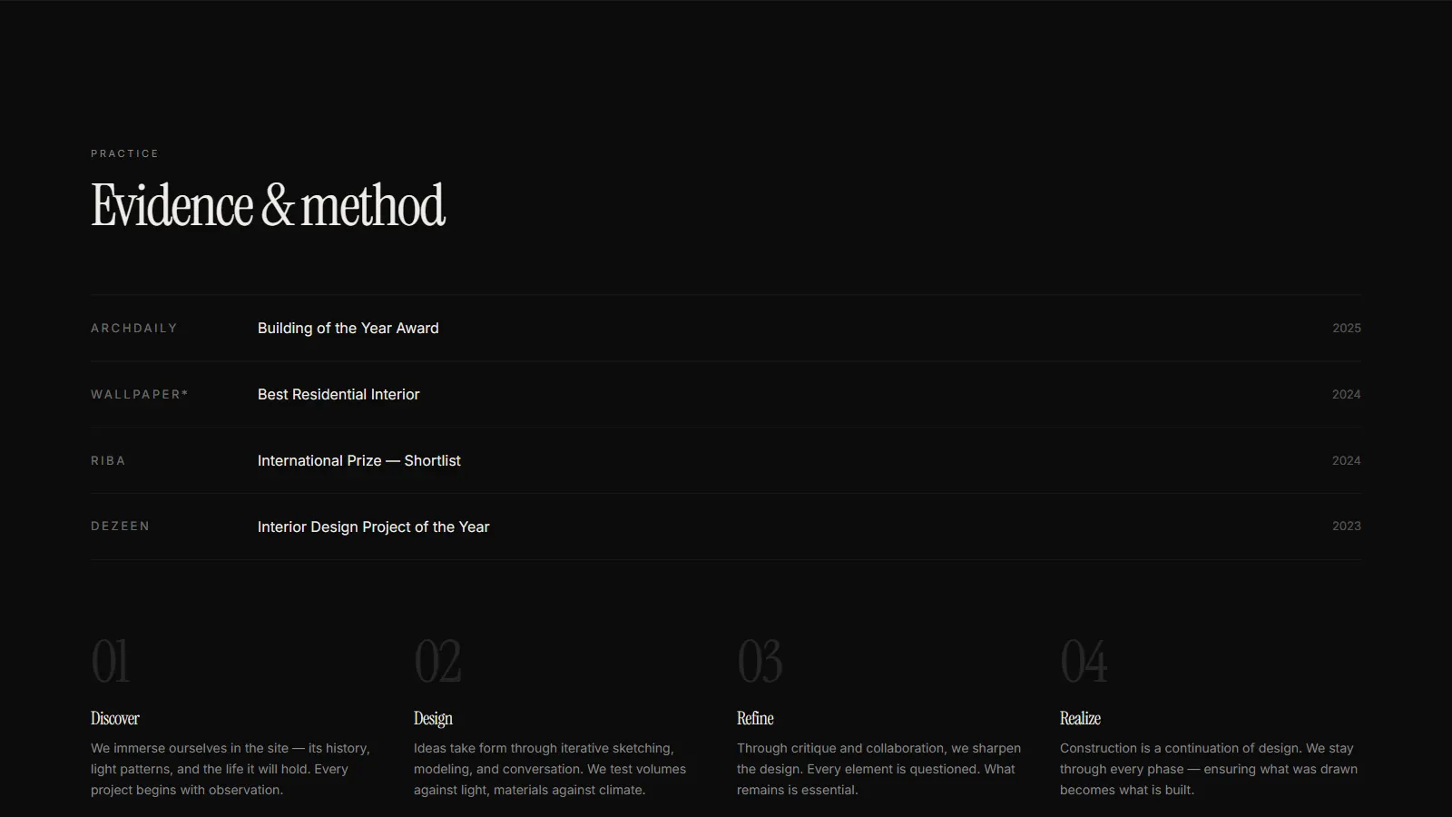The evidence and method section of AURELIA Atelier, awards and process listed as ruled rows
