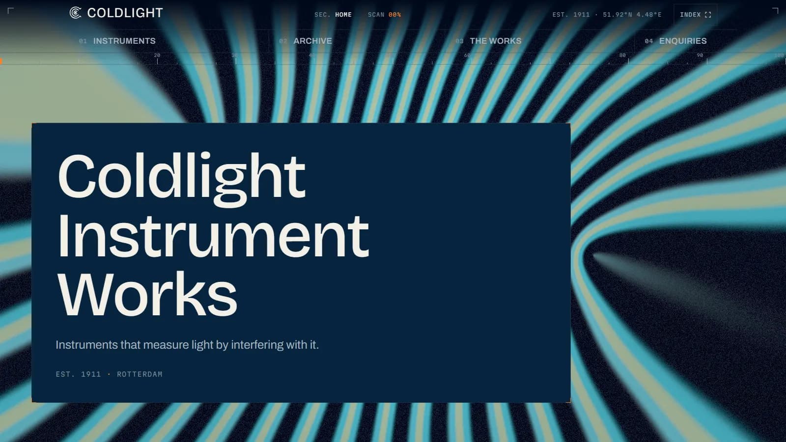 Coldlight Instrument Works homepage, an interference fringe pattern behind the studio name