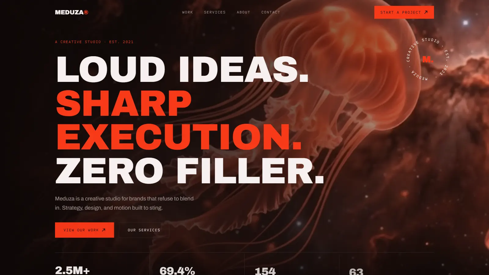 MEDUZA homepage screenshot, a bold creative studio website created by Aspire Kinetic Network