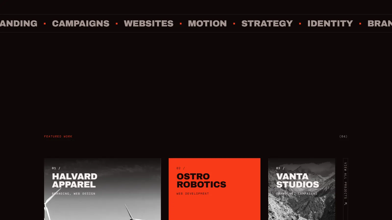 MEDUZA's featured work section, three client projects shown as full-height panels