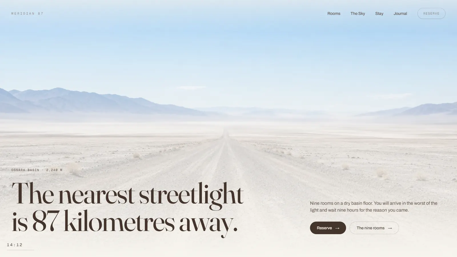 Meridian 87 homepage: a bright desert road under open sky, with the line the nearest streetlight is 87 kilometres away