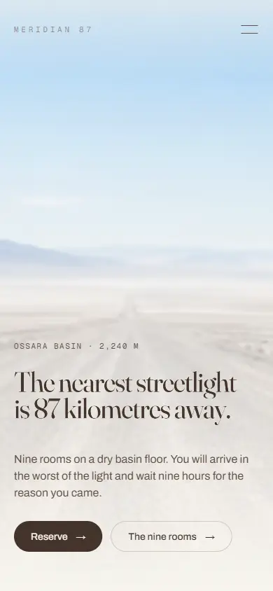 Meridian 87 at 390px, the same page on a phone