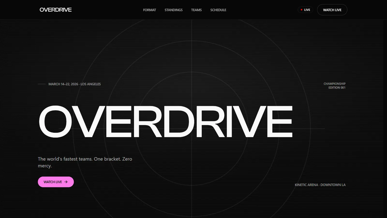 OVERDRIVE homepage screenshot, a motion-first esports championship experience designed and built by Aspire Kinetic Network