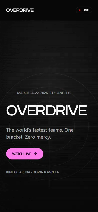 OVERDRIVE at 390 pixels wide, the wordmark and countdown on a phone