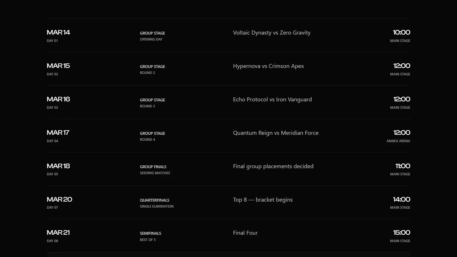 The OVERDRIVE match schedule, nine days of fixtures listed by date and stage
