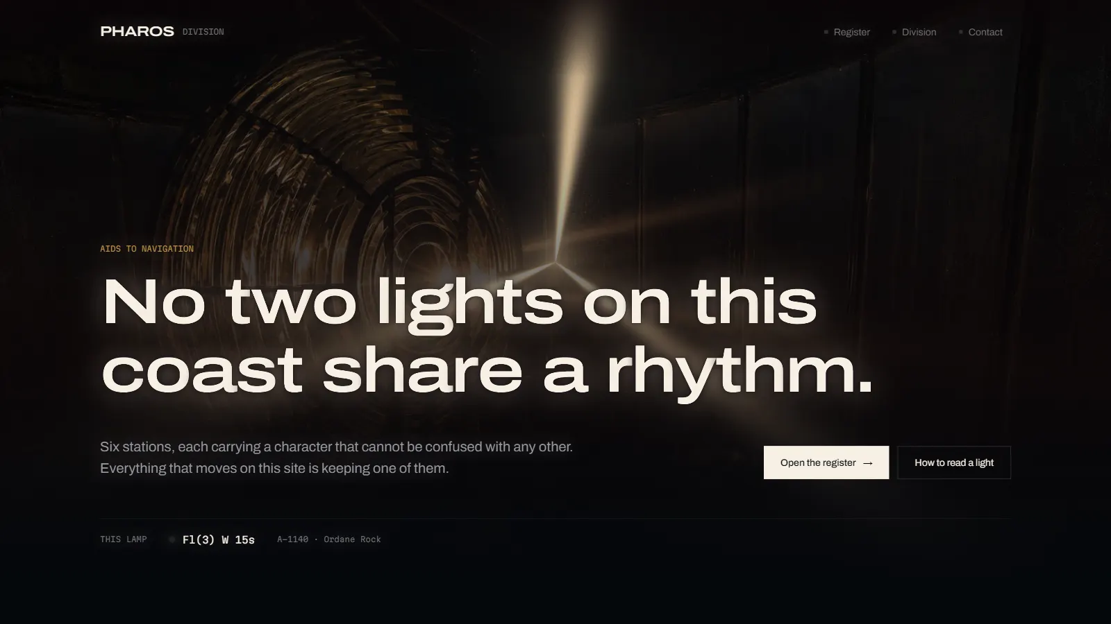 Pharos Division homepage: a lamp room interior behind the line, No two lights on this coast share a rhythm