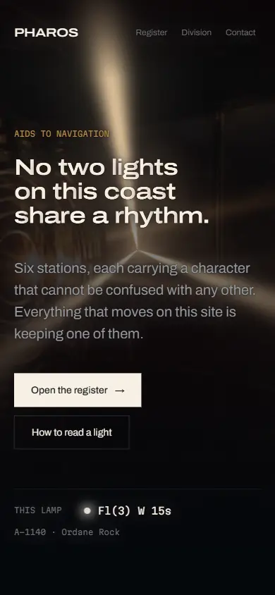Pharos Division on a 390px phone viewport, headline and light character intact