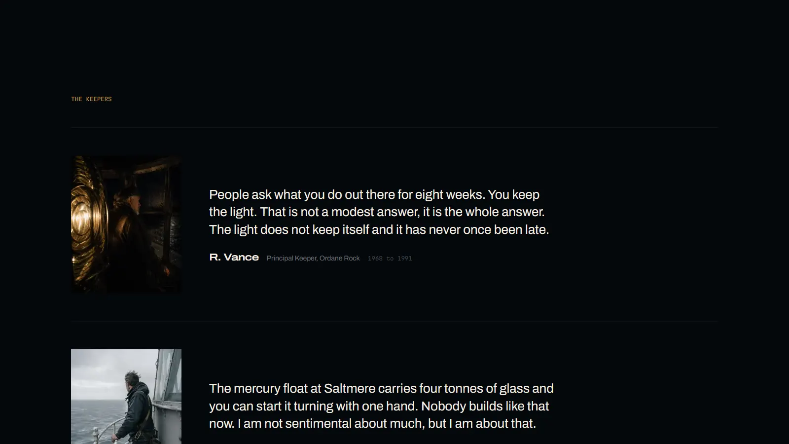 The keepers section of Pharos Division, with portraits and quoted testimony from station staff