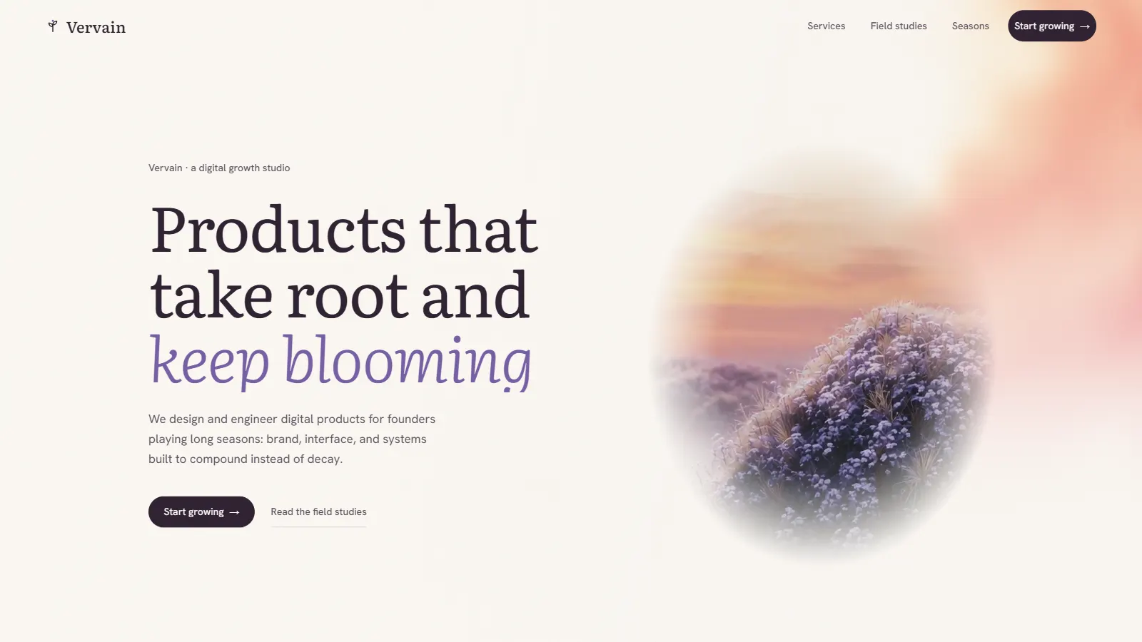 Vervain homepage screenshot, a botanical digital growth studio website created by Aspire Kinetic Network