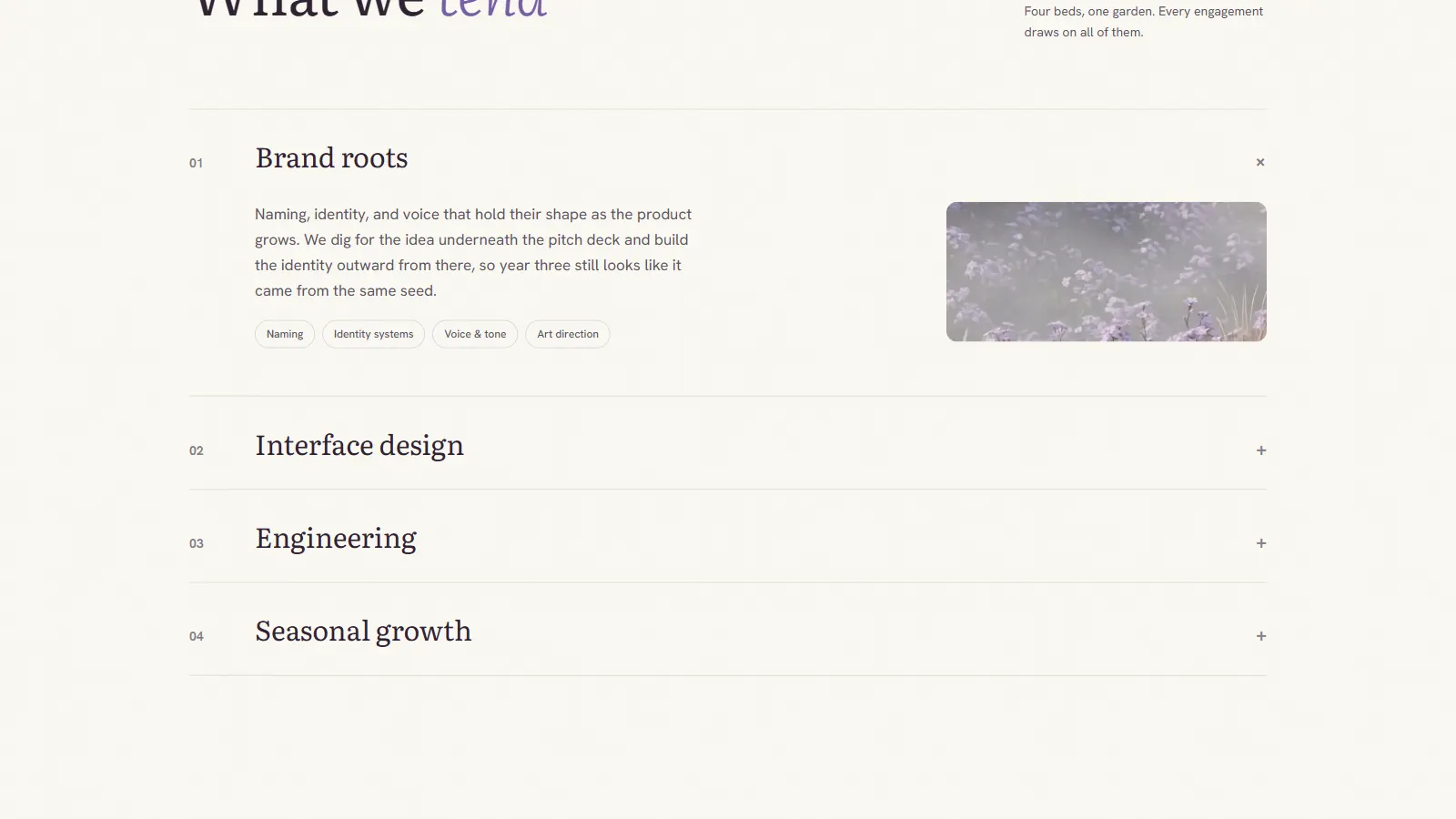 Vervain's services section, four service lines set as an unfolding list