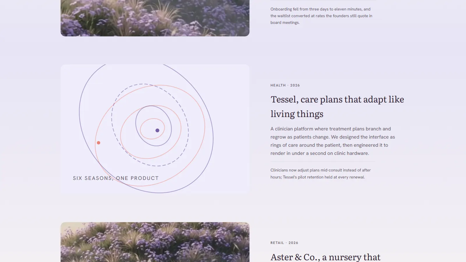 Vervain's field studies section, project narratives with outcomes and process notes